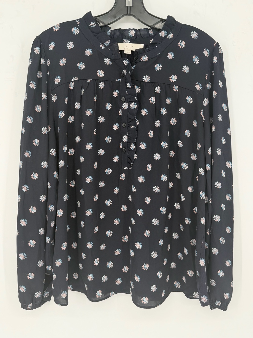 LOFT Ruffle Neck Long Sleeve Navy Multi Floral Print Chiffon Top